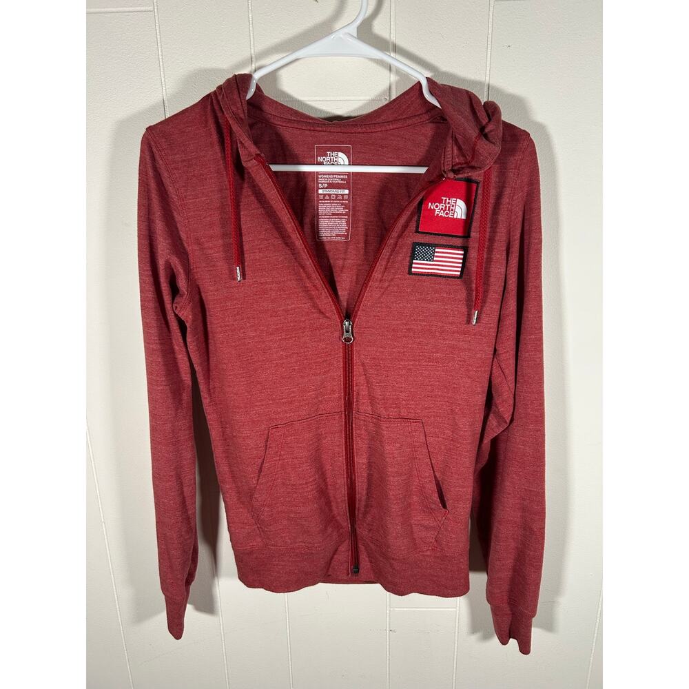 The North Face Red Patchwork Hoodie Womens Small Americana Full Zip USA Gorpcore